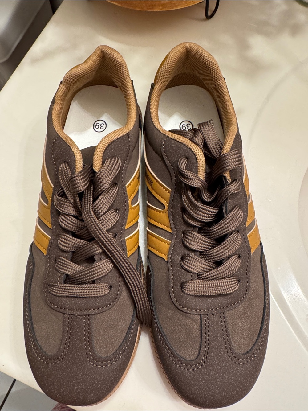 Woman’s Brown Casual Sneakers with Tan Stripes - - Picture 2 of 3